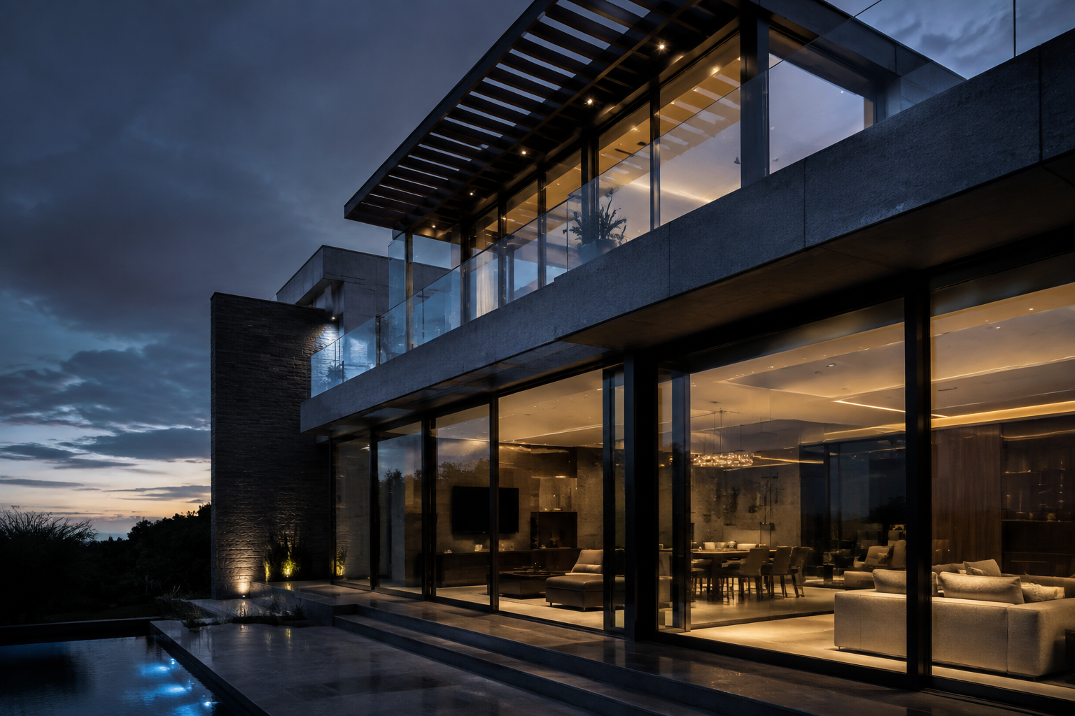 Casa contemporánea con fachada de cristal templado y aluminio negro